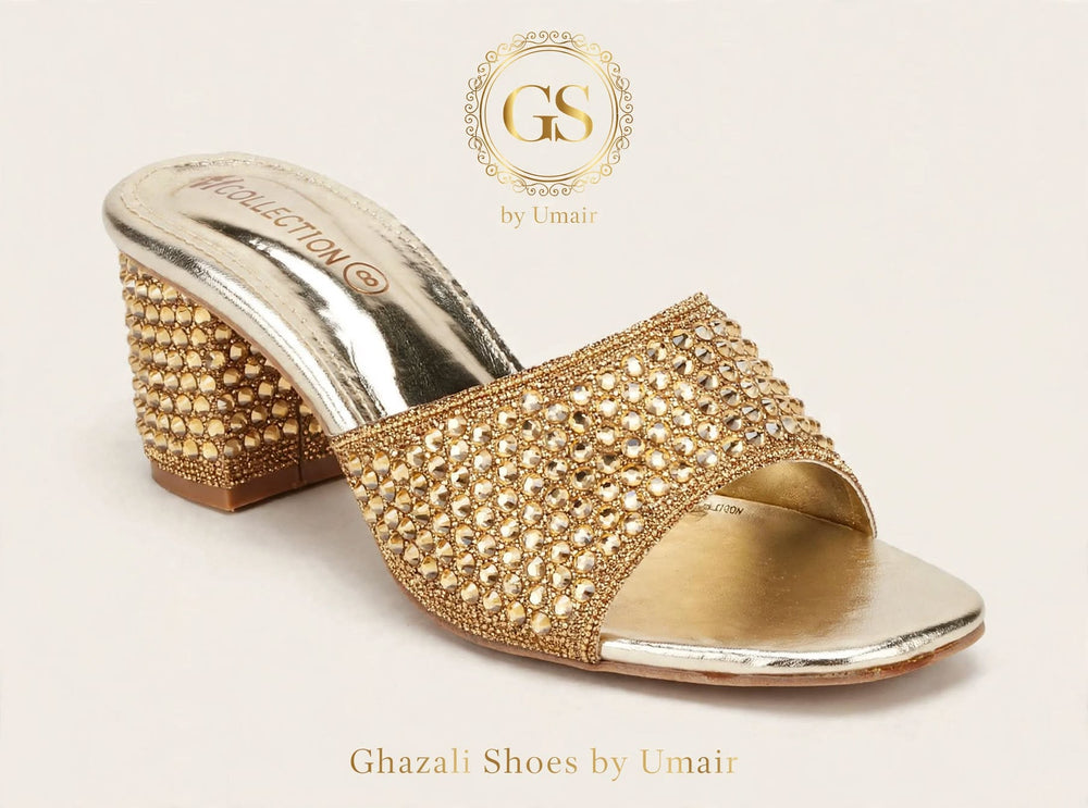 Golden Lattice Block-Heel Mules - Ghazali Store Pakistan