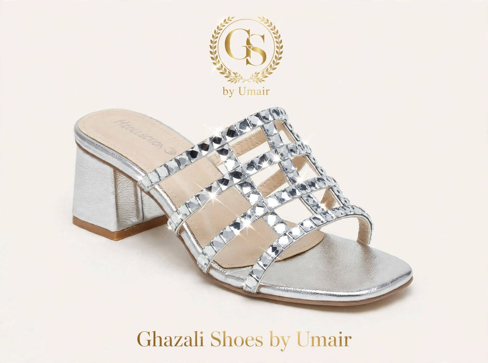 Silver Crystal Strap Block Heels - Ghazali Store Pakistan