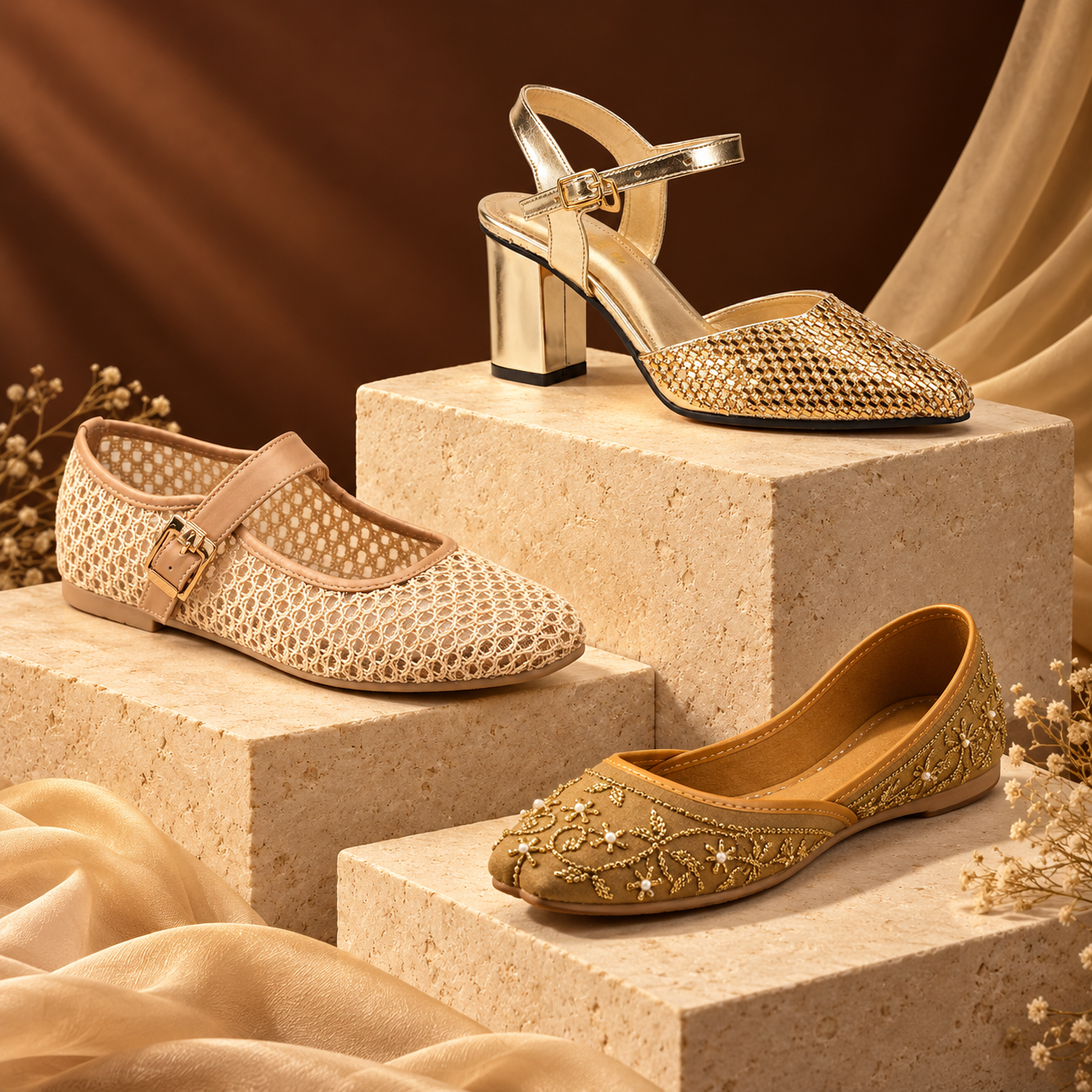 Golden occasion heel, woven flat and embroidered khussa — Ghazali Store collection