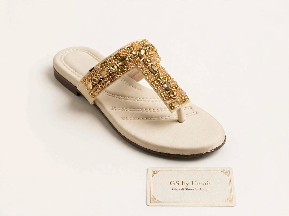 Ivory Gold-Tone Toe-Post Sandals - Ghazali Store Pakistan