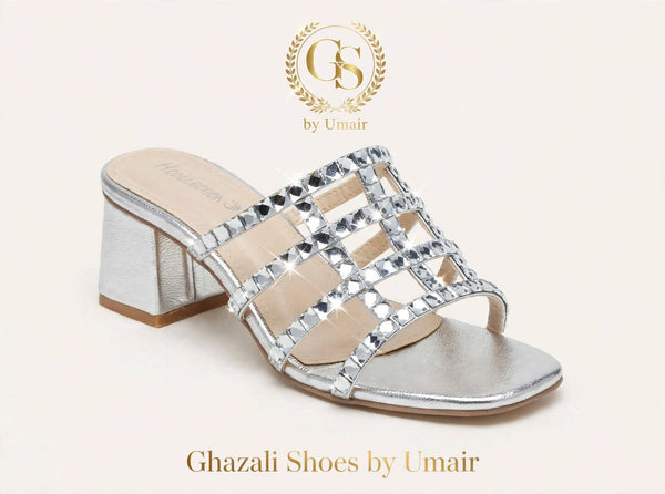 Silver Crystal Strap Block Heels - Ghazali Store Pakistan