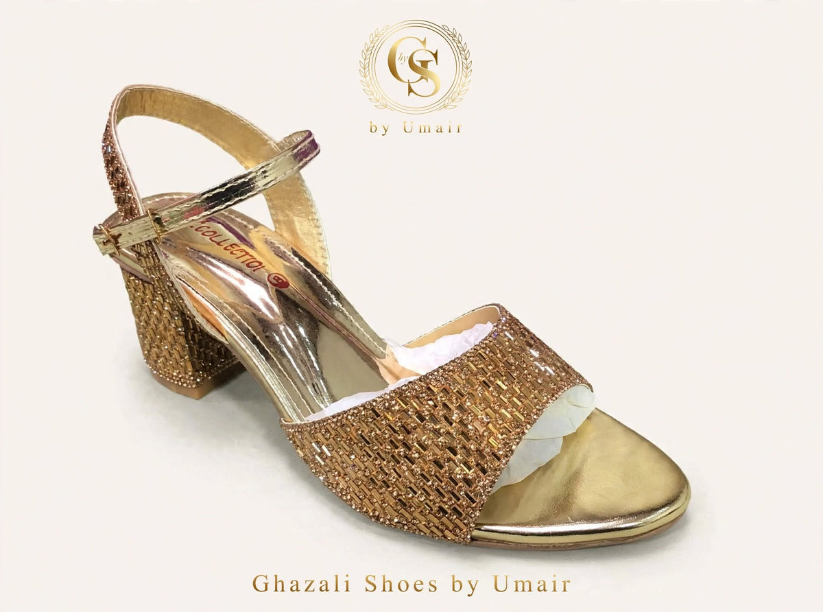 Champagne Glitter Block-Heel Sandals - Ghazali Store Pakistan