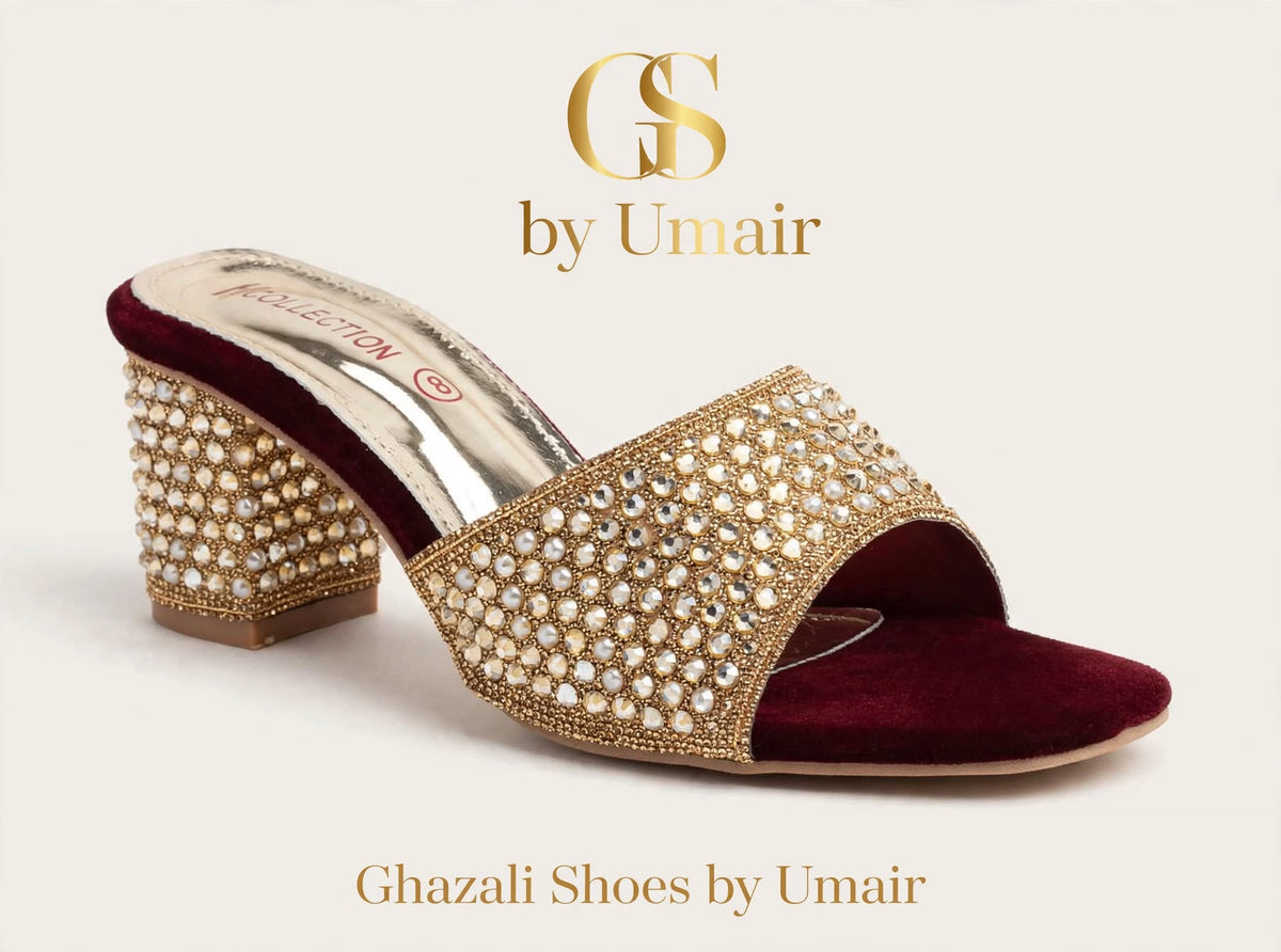 Burgundy Golden Lattice Mules - Ghazali Store Pakistan