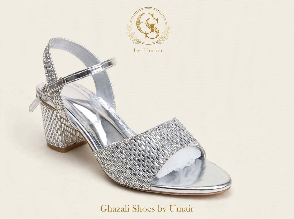 Silver Woven Ankle-Strap Heels - Ghazali Store Pakistan