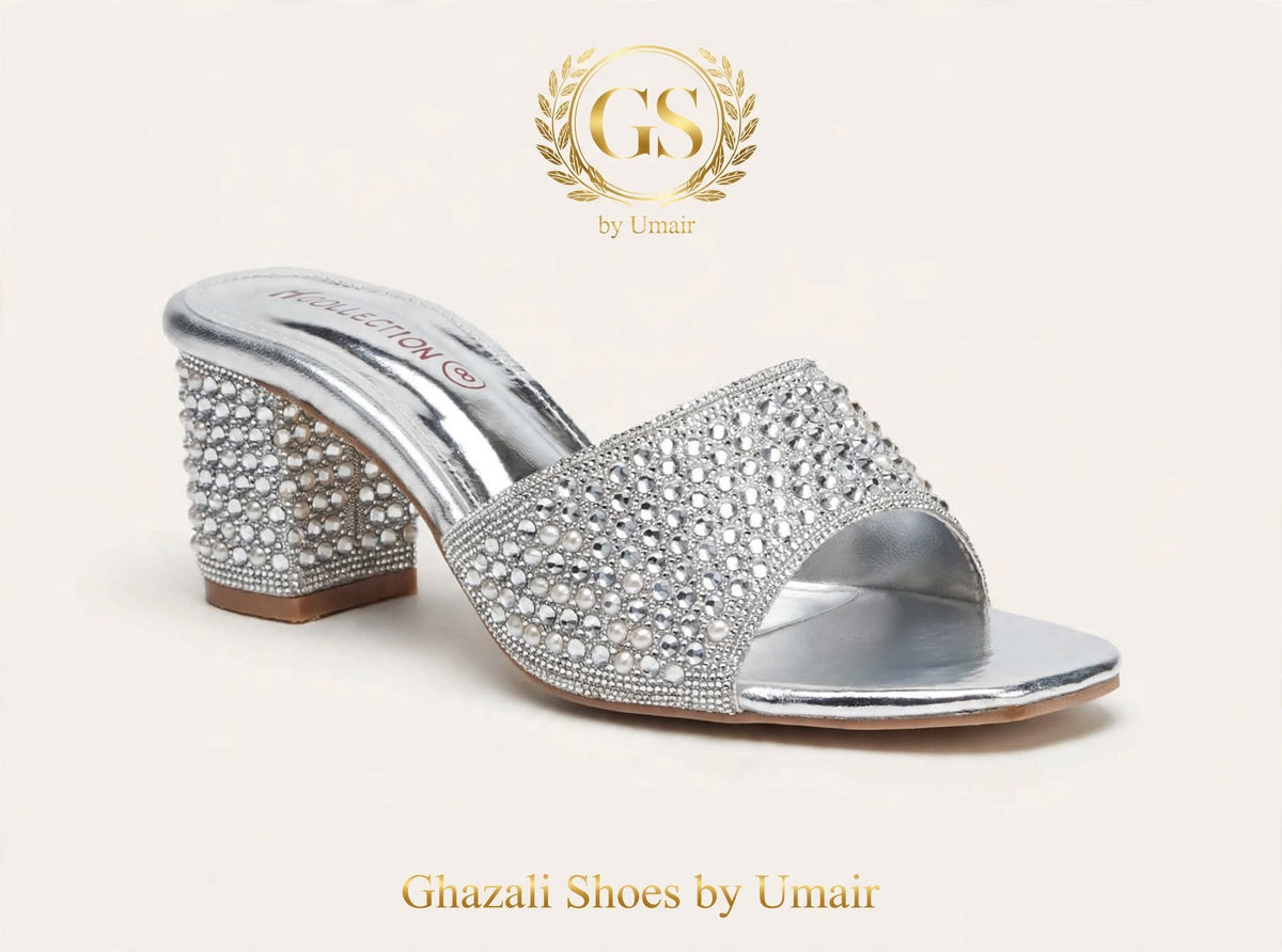 Silver Sparkle Block-Heel Mules - Ghazali Store Pakistan