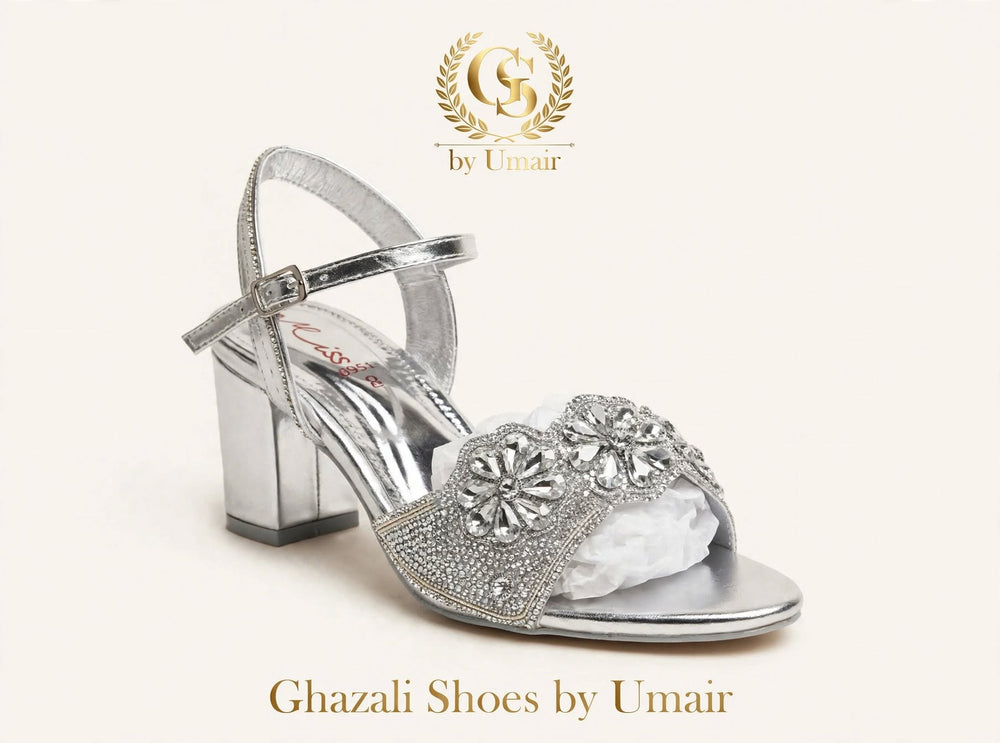 Silver Crystal Ankle-Strap Heels - Ghazali Store Pakistan