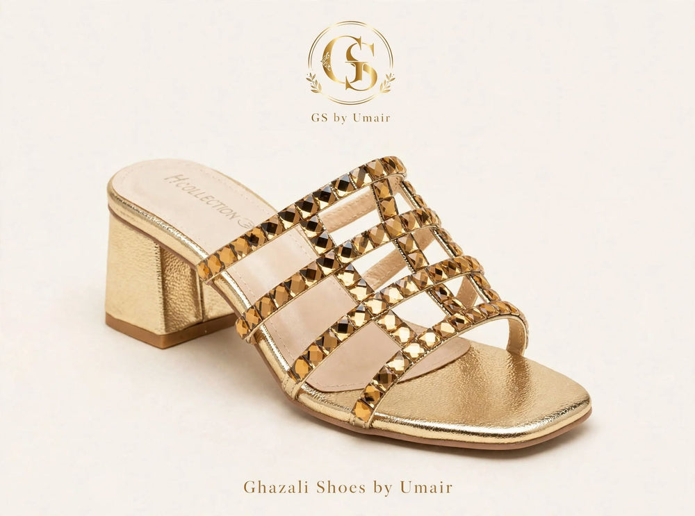 Golden Multi-Strap Block Heels - Ghazali Store Pakistan