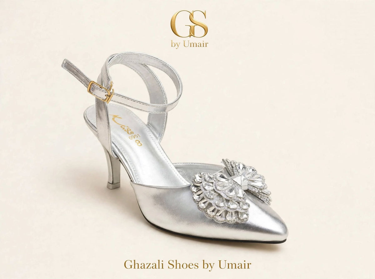 Silver Crystal Slingback Heels - Ghazali Store Pakistan